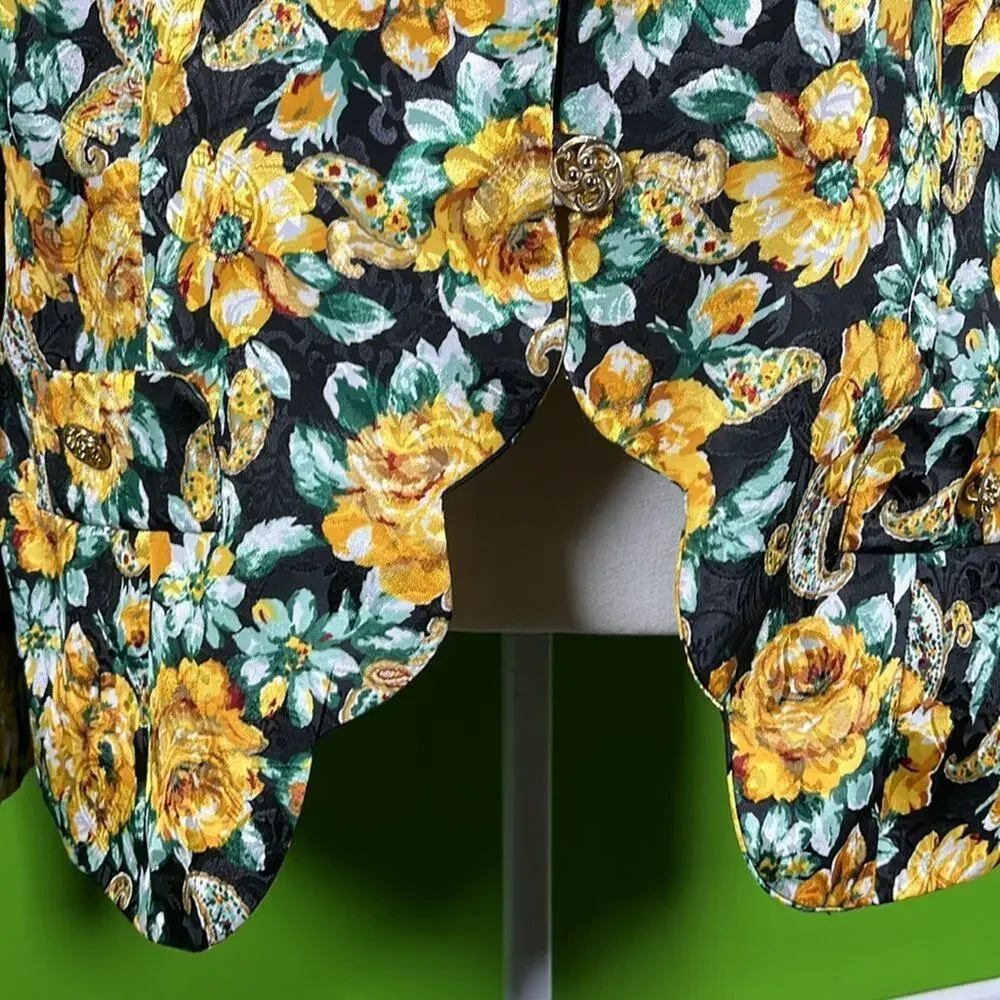 Leslie Fay Vibrant Floral Black Yellow Green Jacket Size 18 - Picture 4 of 9